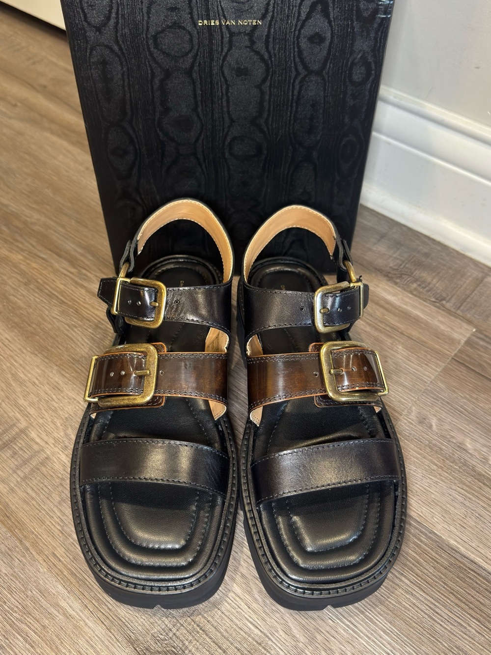 Dries Van Noten Buckle Black Brown Leather Dual Strap Platform Sandals - Picture 4 of 14